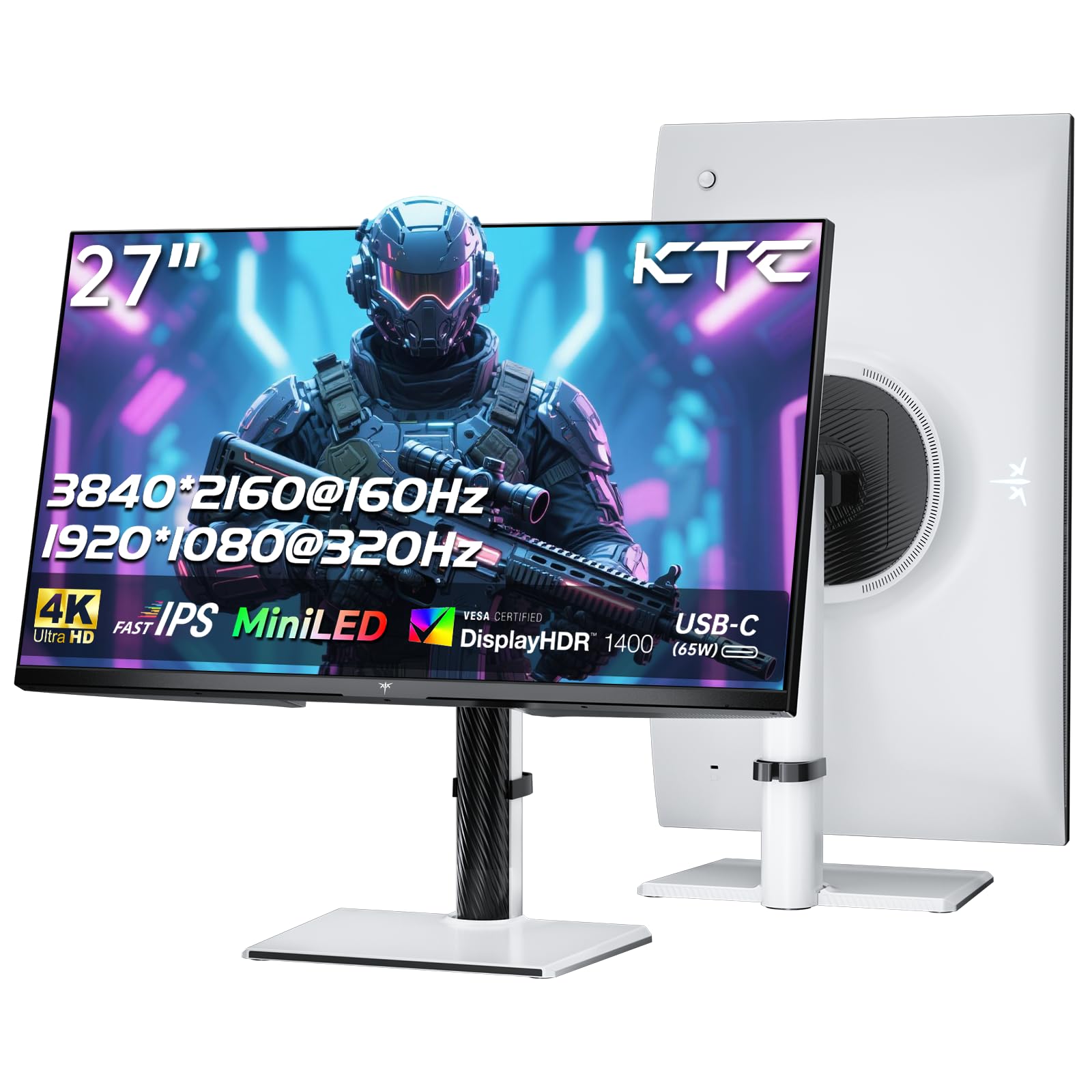 KTC 27 Inch 4K MiniLED Gaming Monitor, UHD 3840x2160 Dual Mode (4K 160Hz/FHD 320Hz), HDR 1400, Fast IPS, Type-C 65W, KVM, VESA, Tilt & Swivel & Height Adjustable, White, M27P6