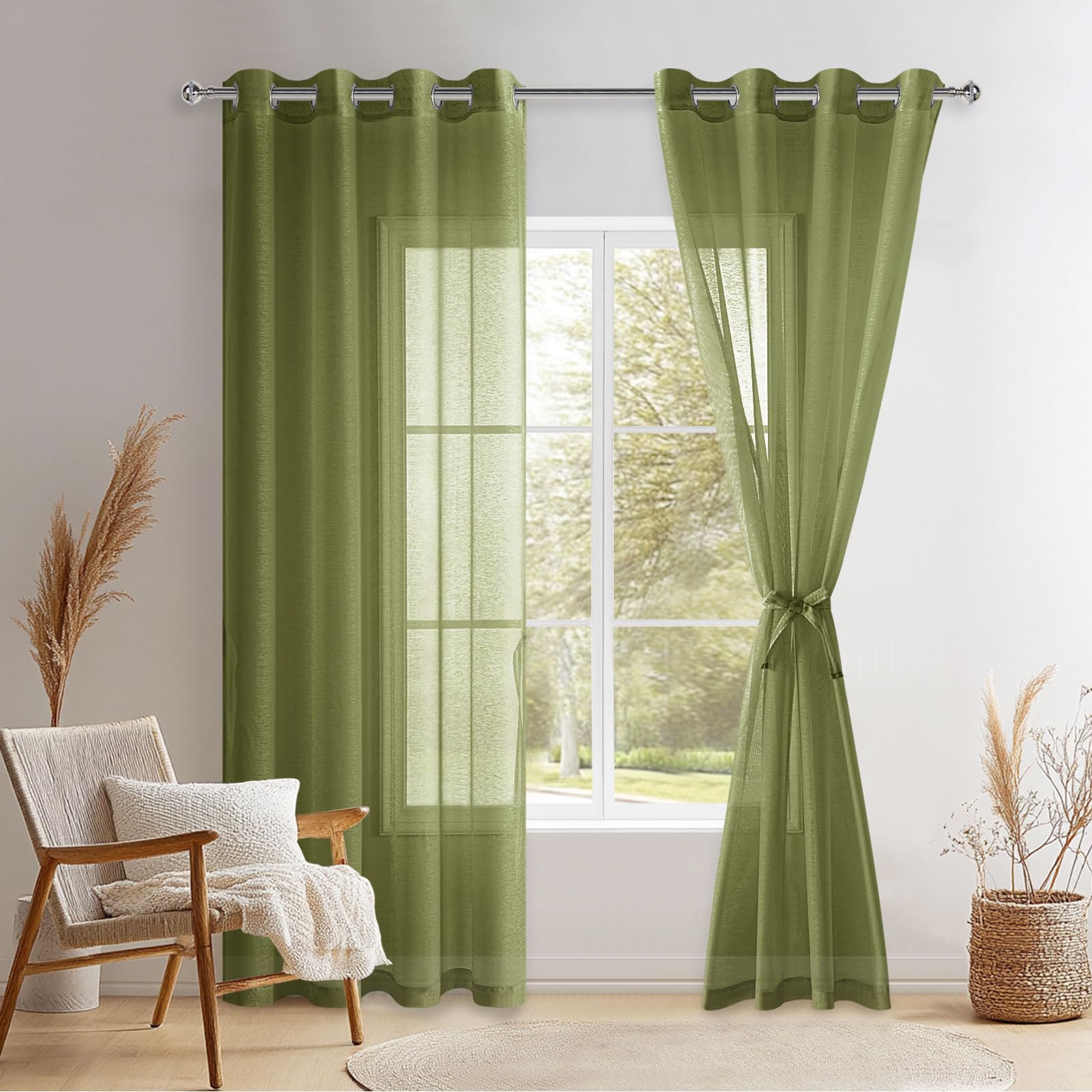 DWCN Green Sheer Curtains with Tiebacks Christmas Curtians Semi Transparent Voile Grommet Window Curtain for Bedroom and Living Room,2 Panels,W52 x L84