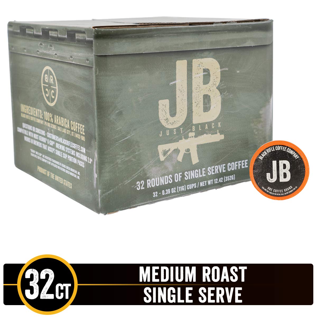 Just Black Medium Roast Single Serve Coffee Rounds by Black Rifle Coffee Company | 32 Count Coffee Pods | Compatible with Keurig K Cup Brewers | Coffee Lovers Gift
