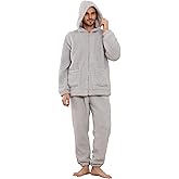 Vulcanodon Mens Plush Hooded Zipper Pajama Set, Soft Warm Long Sleeve Sleepwear with Pockets Fluffy Fuzzy Cozy Pjs