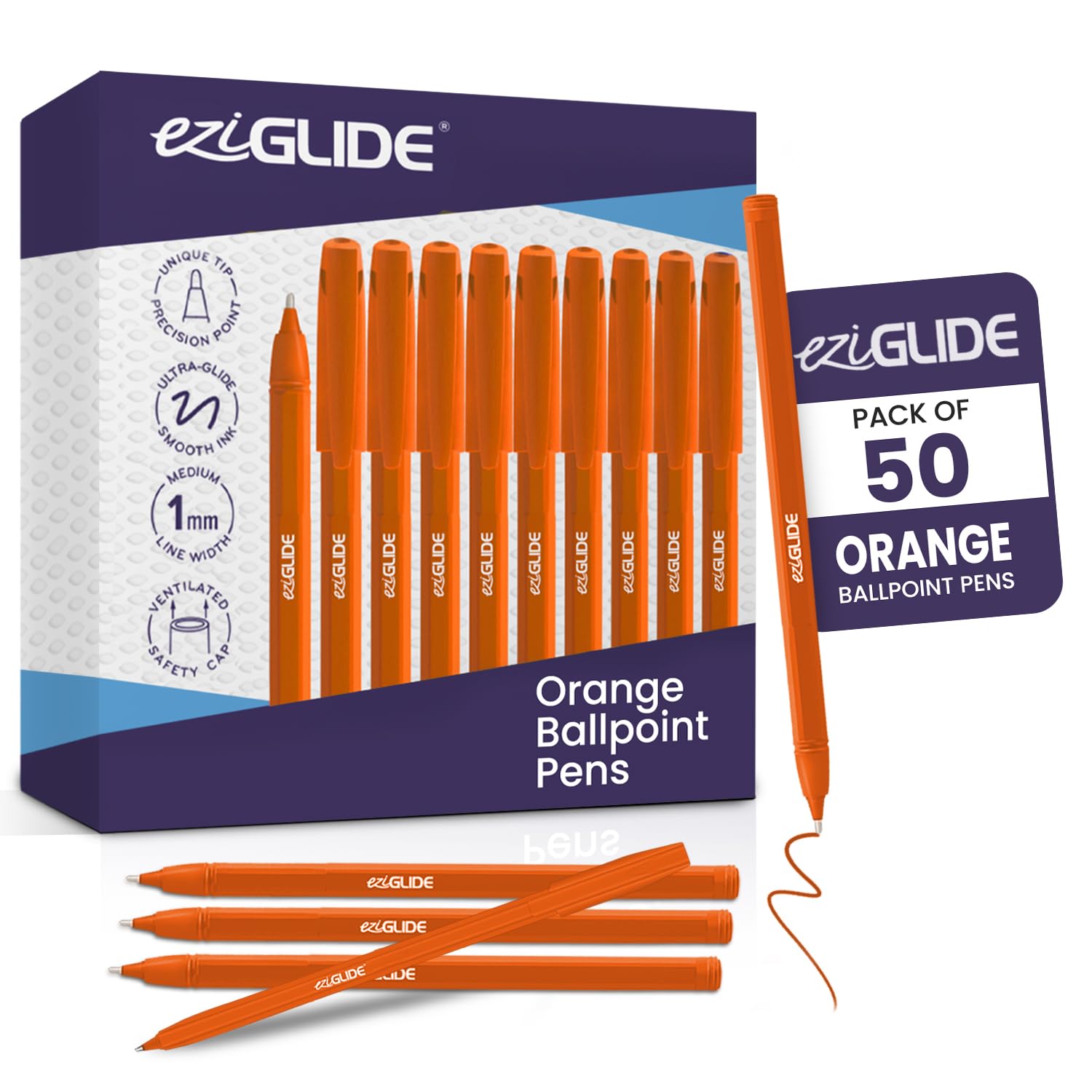 Eziglide 50-Pack Ballpoint Pens, Orange - Smooth Writing Action-Medium Point Nib (1.0mm), Multipack Ball Point Pen Ideal for School, Work, Home stationary