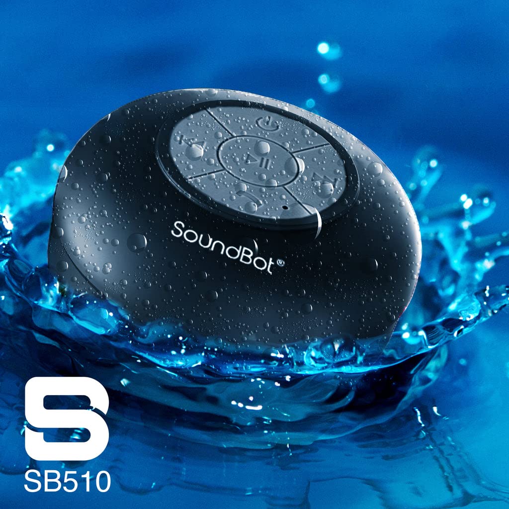 Soundbot SB510 HD Waterproof Bluetooth Shower Wireless Speaker with Speakerphone, Mic, 6-Hour Playtime, Control Buttons & Suction Cup, Powerful Sound Ideal for Bathroom, Travel, or Outdoors (Black)