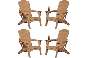 Plawdlik Folding Adirondack Chair, SGS Tested, Wooden Textured with Cup Holder, Heavy All-Weather HDPE Comfortable Set Poolside Backyard Lawn Teak Set 4
