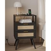 JOONEE Rattan Nightstand with Charging Station,Farmhouse Bedside Table with 2 Storage Drawer and Open Wood Shelf, for Bedroom and Small Spaces,Night Stand with Solid Wood Legs (Black-Outlet)