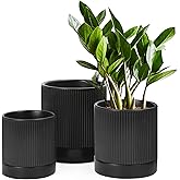 LaDoVita 3 Pack Ceramic Plant Pots 6/5/4 inch, Flowerpot for Indoor Plants with Drainage Holes and Tray, Outdoor Garden Planters, Modern Decorative for Home, Black Vertical Stripes