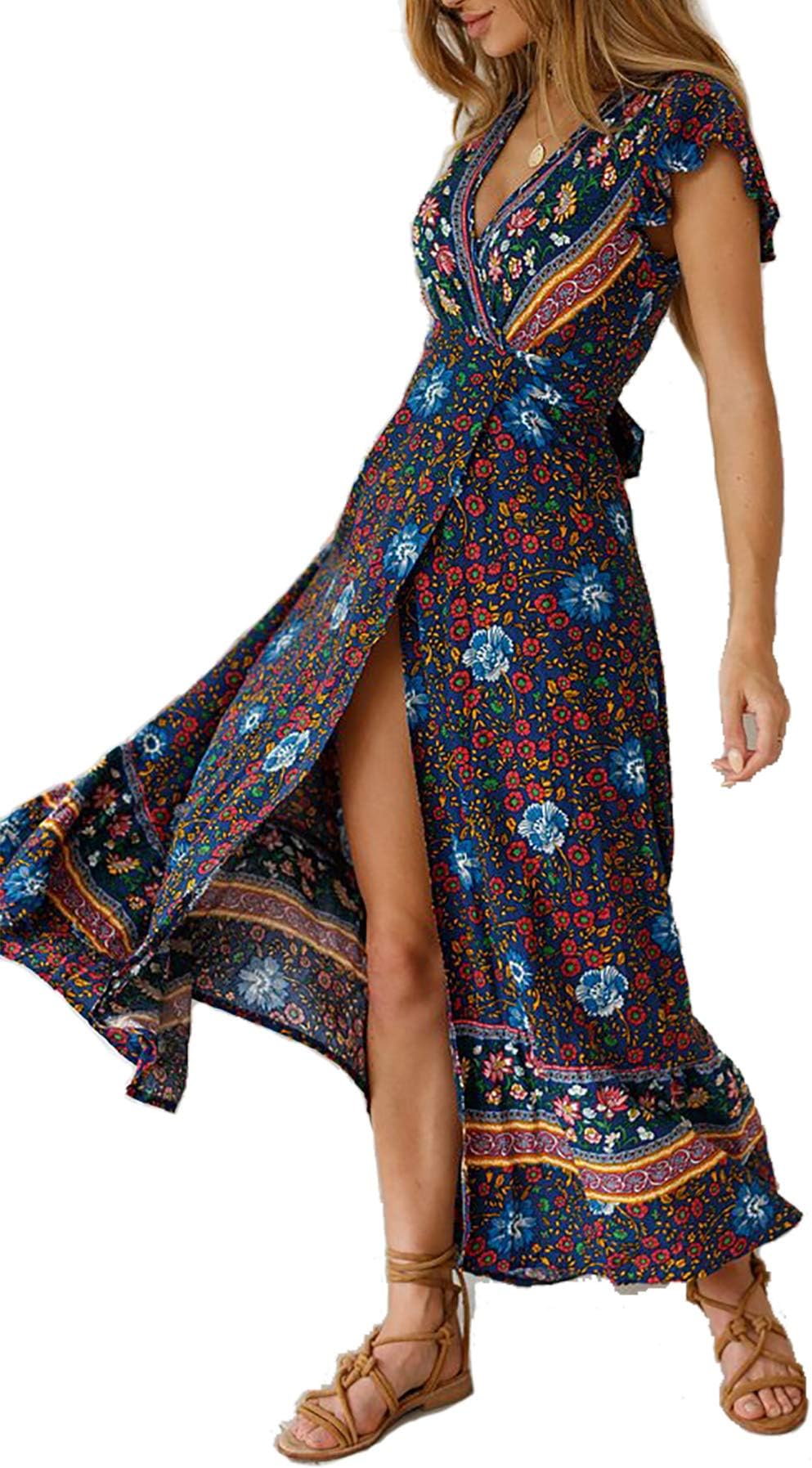 Vestido de Estampado Floral Boho con Cuello en V Sexy para Mujer Vestido de Fiesta Corto de Noche de Verano Vintage en la Playa