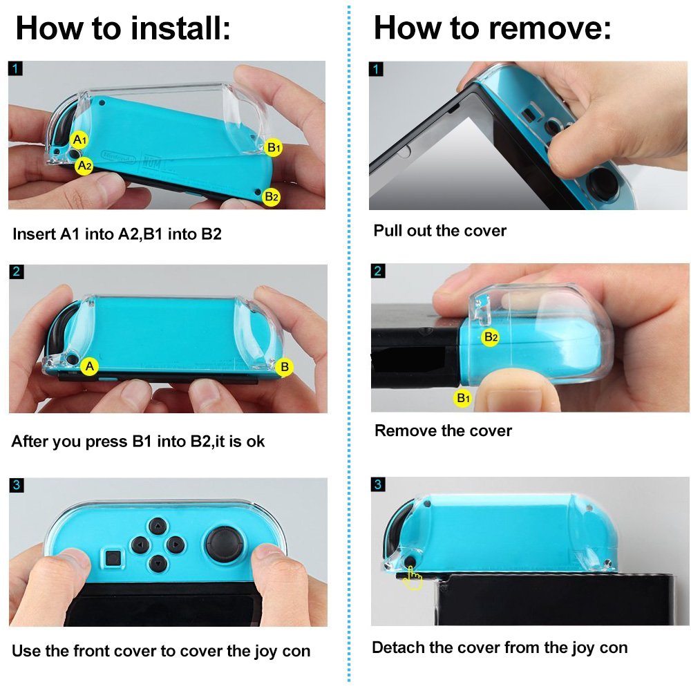 Vorida Case Compatible for Nintendo Switch, Crystal Case Hard Back Clear Cover Anti-Scratch & Shock-Absorption 9H Tempered Glass Screen Protector + Joy Con Grip Caps (Grey)