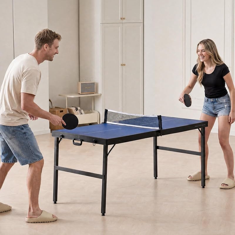 Tavolo da Ping Pong, Taglia Media, Set da Tavolo da Ping Pong Completo Portatile Pieghevole per Interni, con Rete, 2 Racchette, 3 Palline, Borsa per Trasporto, Maniglia (Non Richiede Montaggio)