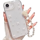 MINSCOSE for iPhone 16e Clear Glitter Case, Cute Bow Pearl Aesthetic Girly Transparent Phone Case with Phone Charms Chain Bracelet,Soft Protective Cover for iPhone 16e-White