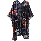 BohemyanRace Women's Coverups Burnt-Out Velvet Cardigan Casual Outfit Long Cover Up Velvet Kimono
