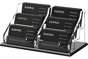 SANRUI Black Business Card Holder for Desk 6 Slot , Clear Acrylic Horizontal Name Card Stand for Women and Men, Desktop Organ