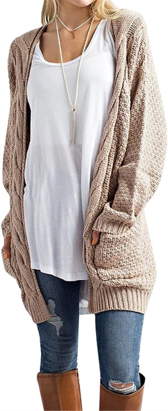 S-4XL Women Cable Knit Open Front Sweater Cardigan Warm Jacket Casual Outerwear Khaki