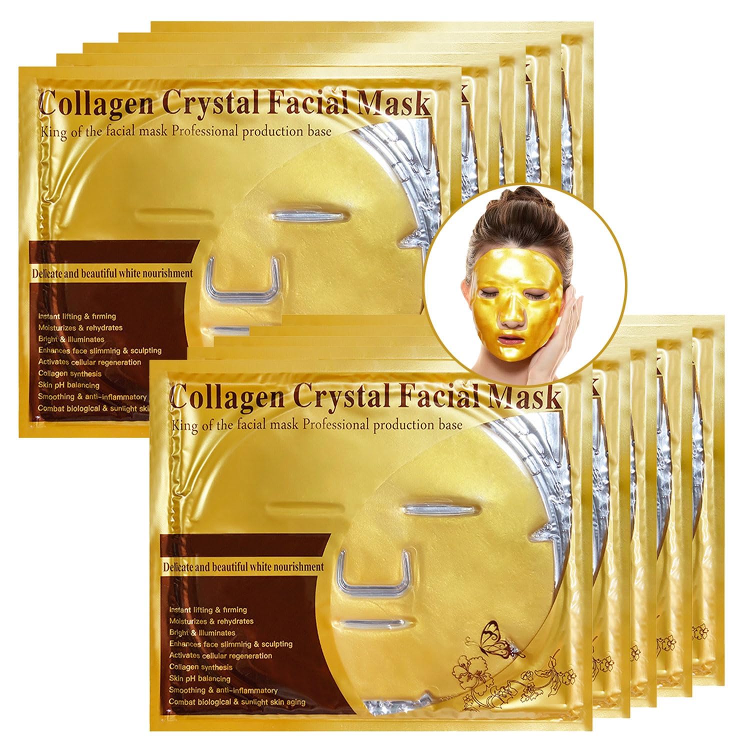 10x Crystal 24K Gold Powder Gel Collagen Face Mask Masks Sheet Patch,Anti Ageing Aging,Skincare,Anti Wrinkle,Moisturising,Moisture,Hydrating,Uplifting,Whitening,Remove Blemishes & Blackheads