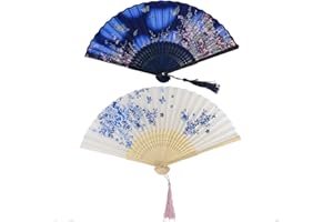 Bestage 2 Pieces Folding Hand Fans for Women,Silk Foldable Handheld Fans Vintage Bamboo Frames Chinese Japanese Fans for Dancing Cosplay Wedding Party Props Decoration