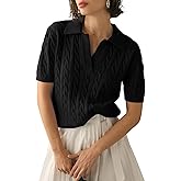Imily Bela Women's Cable Short Sleeve Sweaters Tops Solid Lapel V Neck Knit Casual Soft Pullover Shirt