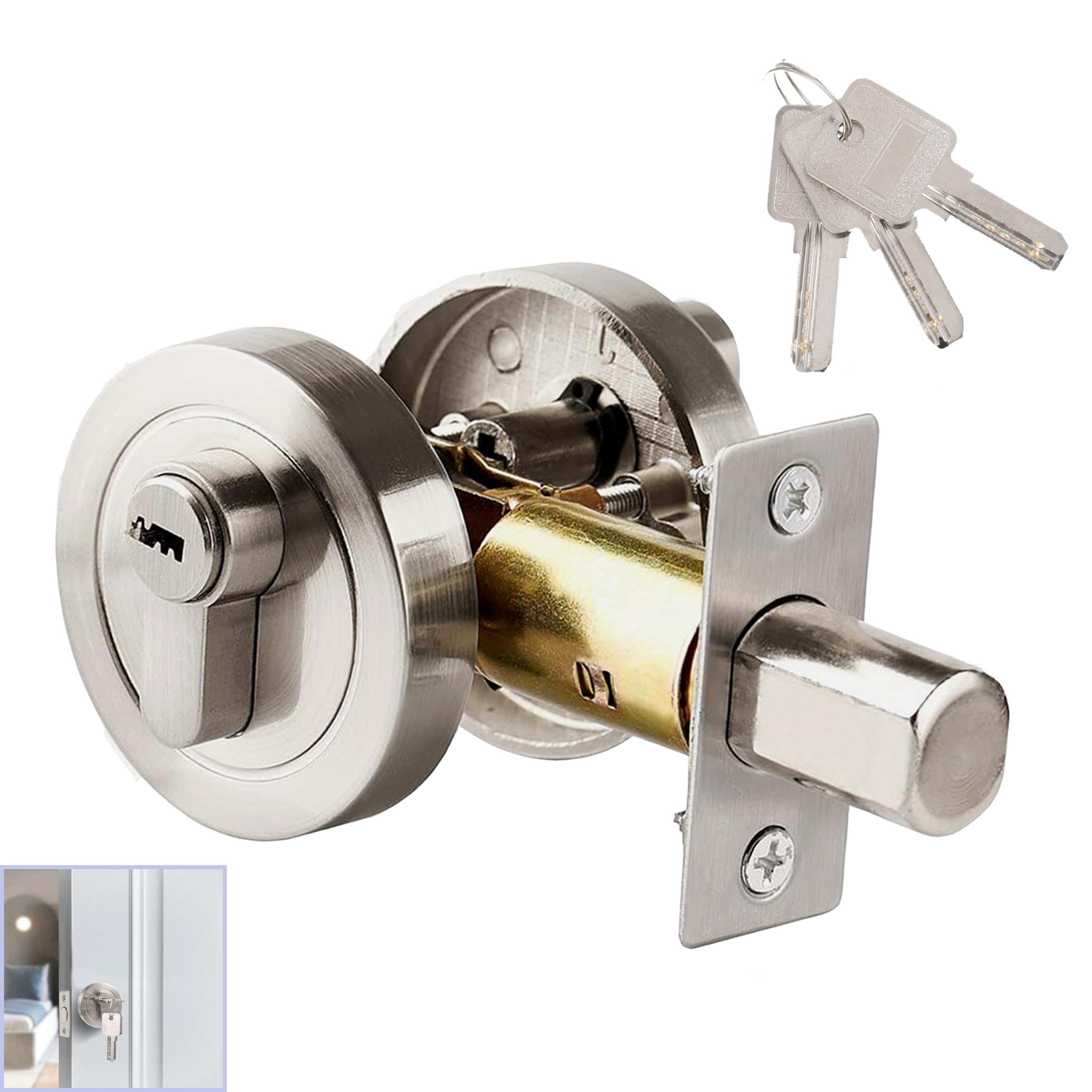 Zinc Alloy Single Cylinder Deadbolt, Round Deadbolt Lock for 35-50mm Front Door, Entrance, Passage, Bedroom Doors (Silver)