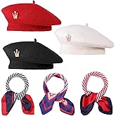 Angirlish 9Pcs French Beret Hat Set with Silky Scarf Brooch Solid Color Hats for Women French Themed Party