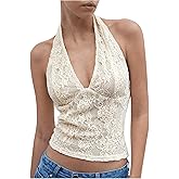 MakeMeChic Women's Floral Lace Halter Tops Sleeveless Fall Going Out Crop Tank Tops