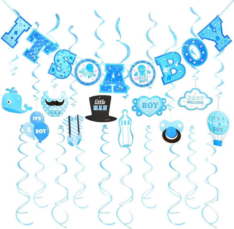 FRIDAY NIGHT 30pcs It's A BOY Banner Boy Baby Shower Cute Hanging Decoration for Parties (1Banner + 20Dizzy Danglers + 10Cards)