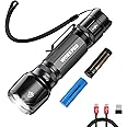 WORKPRO 1200LM Rechargeable Tactical Flashlight, EDC Mini Flashlight, Pocket Flashlight with Clip & Lanyard, 7 Light Modes, Zoomable Adjustable Focus, Includes Lithium Battery & Alkaline Battery