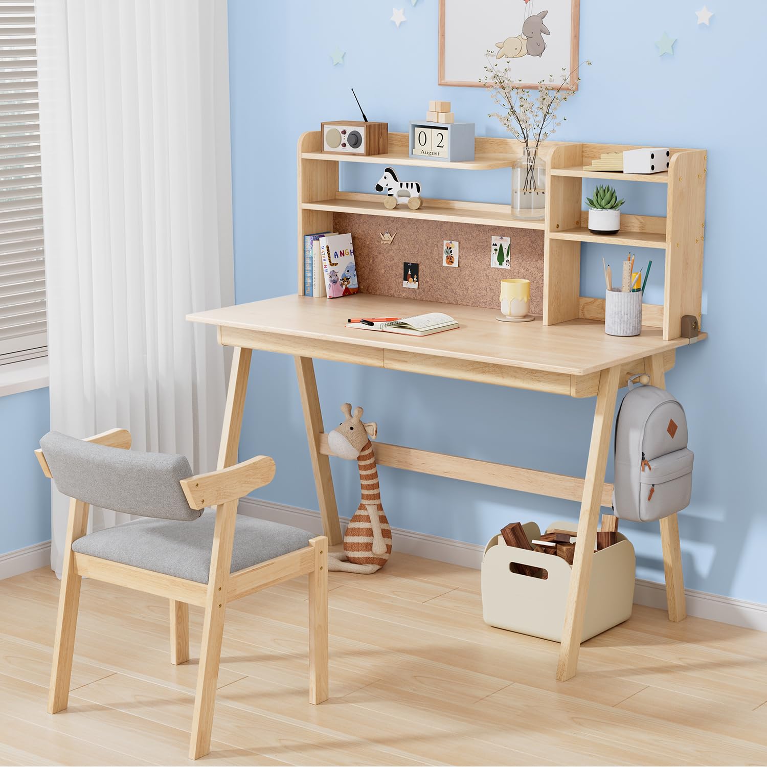 Photo 1 of MORDEER 47.24" Kids Table and Chair Set, Solid Wood Desk with Drawers for Kids, Wooden Desk Hutch with Cork Bulletin Board, Study Table and Chair Set for Bedroom, Study Room, Natural
