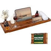 Teak Bathtub Tray - Luxury Bath Tray with Expandable Handles, Wine Glass and Phone Holders, Book Stand - Perfect for Home Spa Relaxation and Reading - Natural Bath Accessories - Light Walnut Color