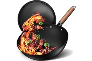 Sanho 12.6"/32cm Carbon Steel Wok Pan, 5QT Nonstick Wok with Lid, No Seasoning Required & 0 Coating, Compatible with All Cook