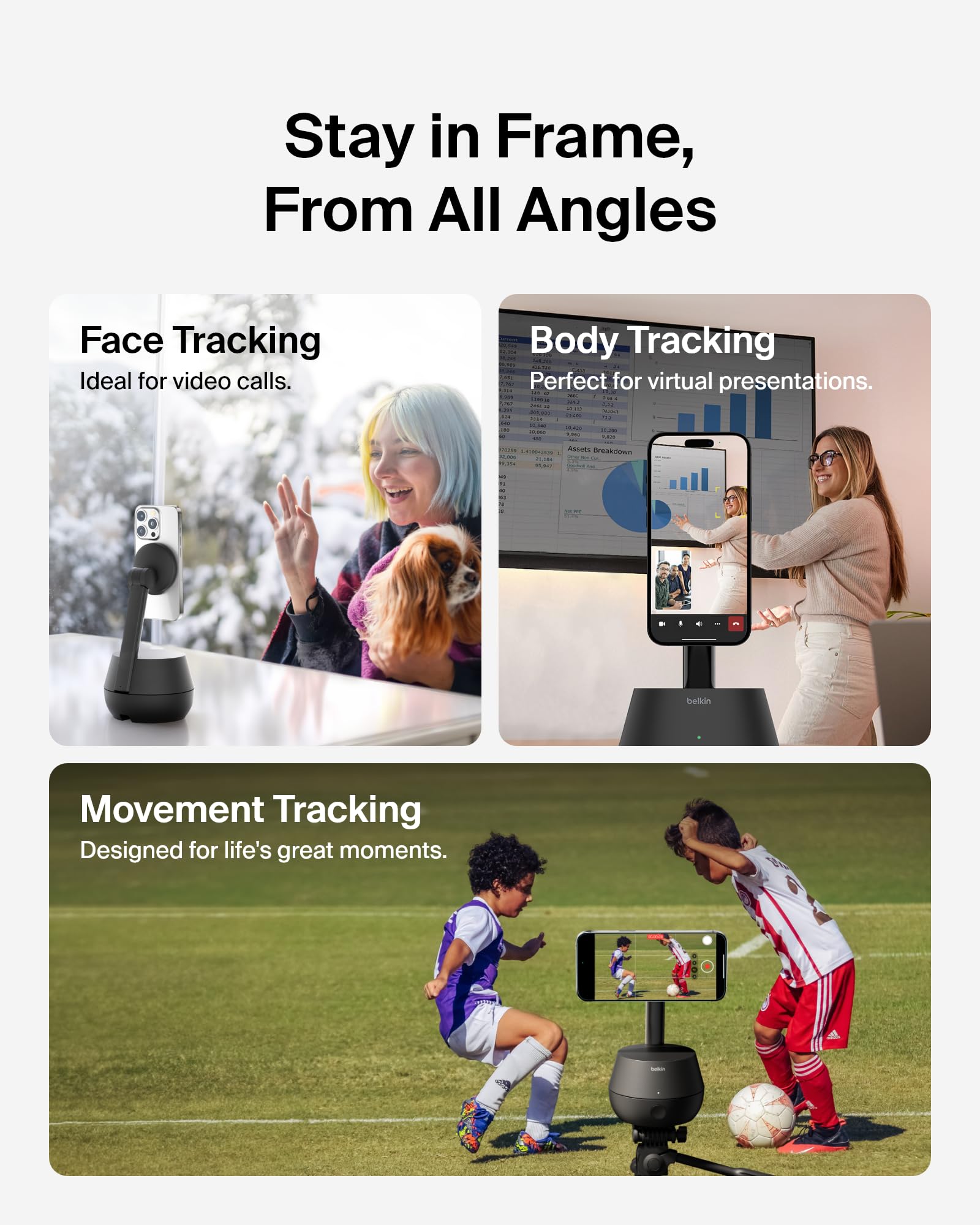 Belkin Wireless Charger Stand, Auto Face Tracking, Apple DockKit Certified, Tripod & MagSafe Compatible, No App Required, 360° Rotation, Influencer Content, Works w/FaceTime, TikTok, YouTube, etc.