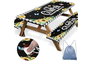 Nesphy Sunflower Picnic Table Cover with Bench Covers, Black Buffalo Plaid Summer Floral Farmhouse Outdoor Camping Essentials 6FT 3PCS Fitted Rectangle RV Must Haves Tablecloth with Drawstring Bag
