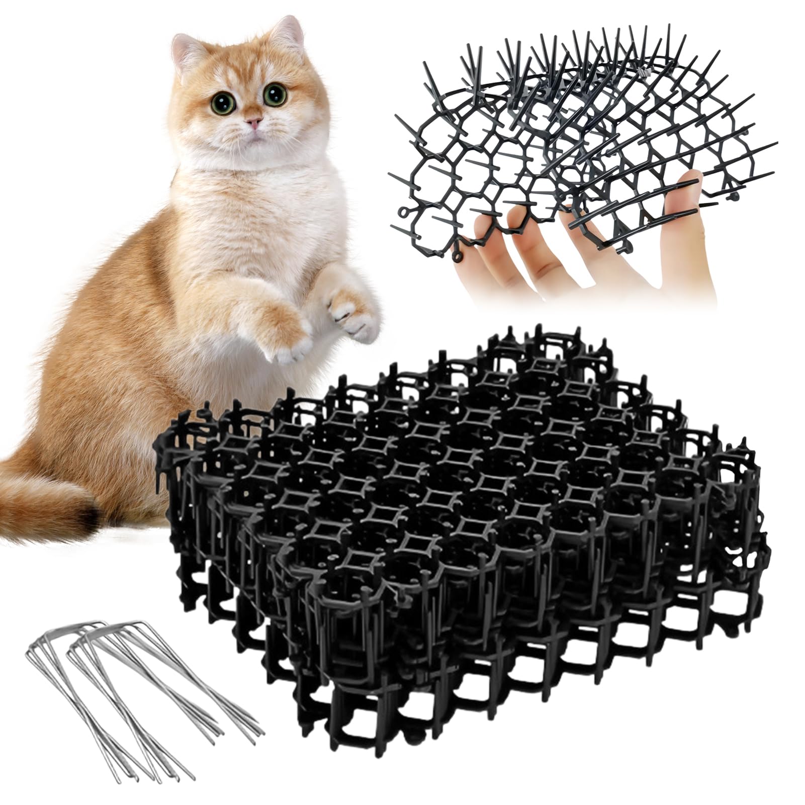 12PCS Anti-cat Spikes, 15.5cm*20cm Plastic Anti-cat Mat Spikes, Prickle Strip Dig Stopper Mats with 8pcs U-shaped Pegs for Indoor Outdoor Garden,Fence(Black)