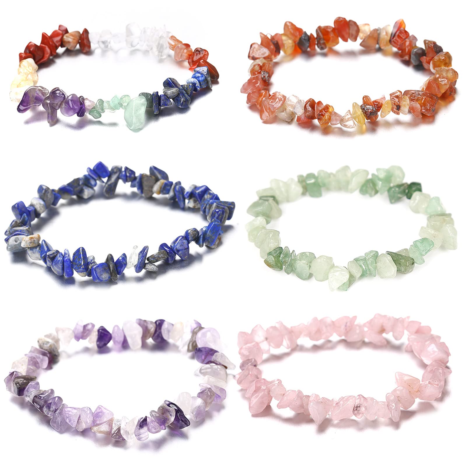 Udewo 6Pcs Men Women 7 Chakra Natural Gemstone Beads Bracelet Colorful Natural Stone Healing Crystals Bracelet Irregular Reiki Yoga Bracelets for Anxiety Relief Meditation Prayer Healing Protection