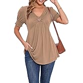 AMCLOS Womens Summer Basic Tops V Neck Tee Shirts Flowy Pleats Tunic Short Sleeve Dressy Casual Summer Blouses 2025