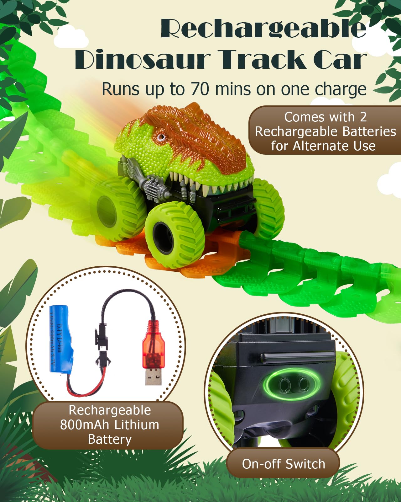 GleamKid 154PCS Rechargeable Car Track Toy Set, Glow Race Track, Flexible Car Tracks, Dinosaur Track Set Glow in The Dark, Race Train Track Toy for 3 4 5 6 7 8 Year Old Boys Gifts, 2*800mAh Batteries