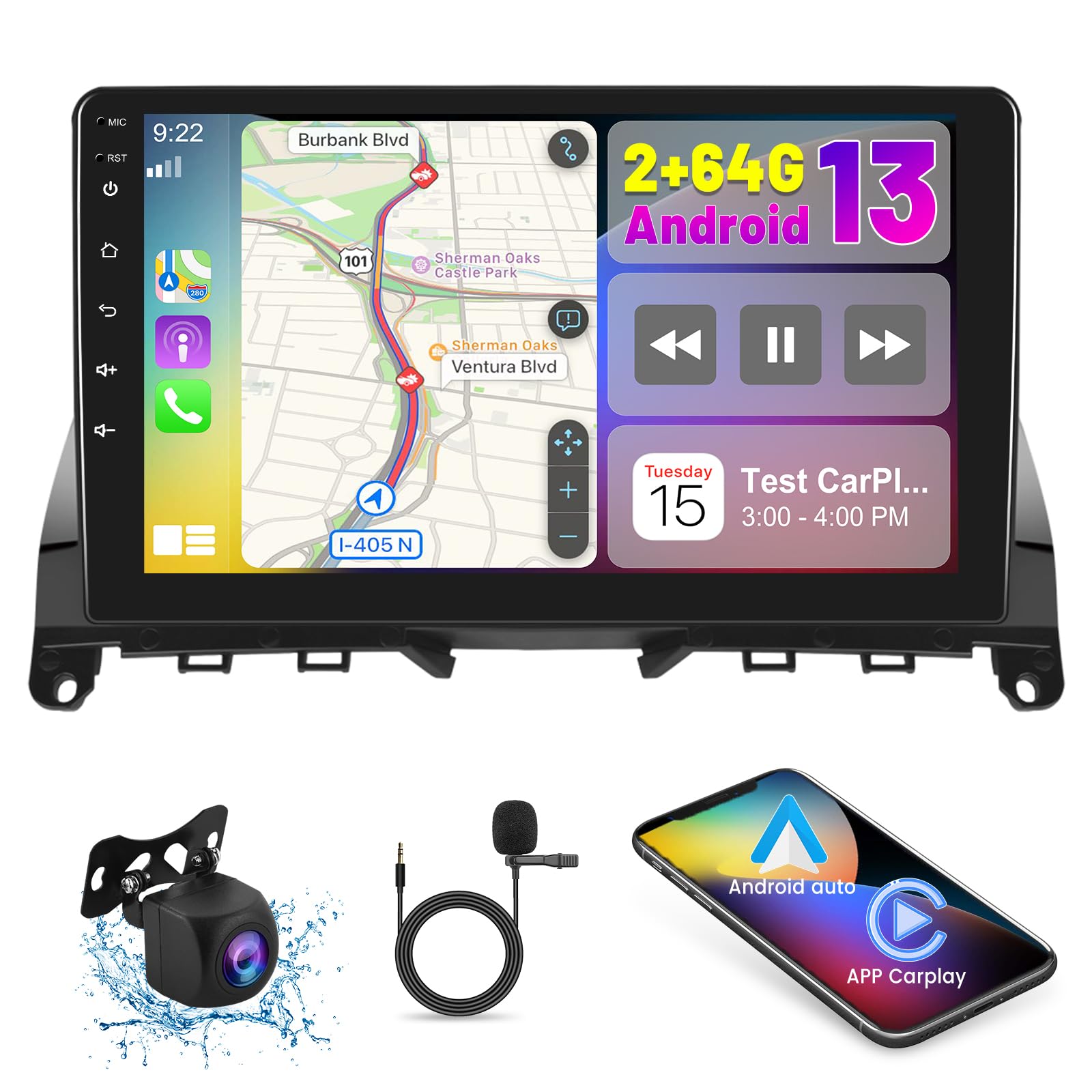 [2G+64G] Car Radio for Mercedes Benz C Class W204 S204 2006-2011, 9 inch Android 13 Touch Screen W204 Stereo, Apple Carplay/Android Auto/1080P/Bluetooth/WiFi + AHD Backup Camera + MIC