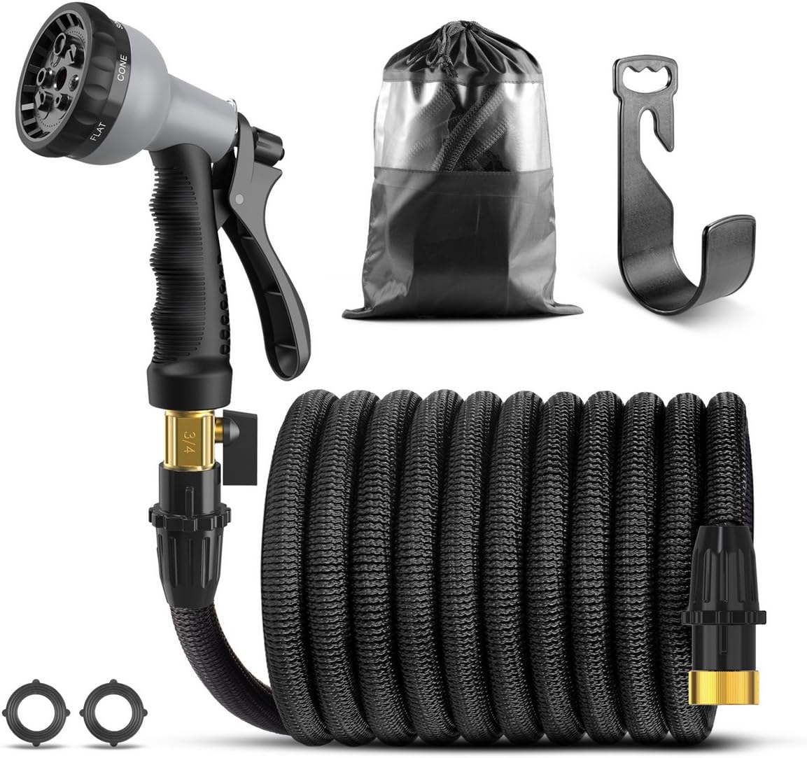 SingPad Garden Hose,100ft Expandable Water Hose, On/Off Valve,3/4" Solid Brass,Durable, Kink-Free Hose end 8-Pattern Spray Nozzle and Hose Storage Bag (100ft Black)