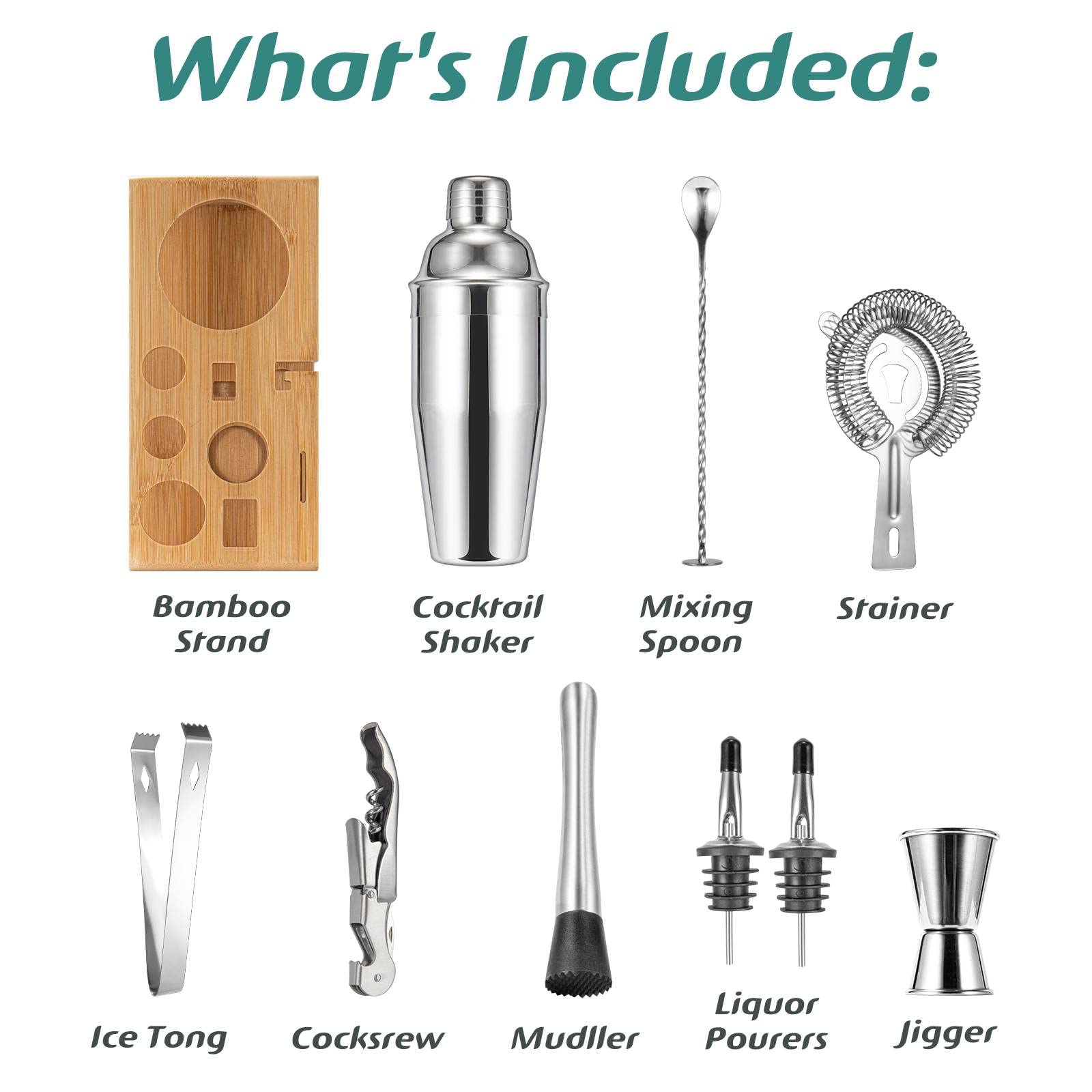 Cocktail Shaker Set, Mixology Bartender Kit 10-Piece Bar Tool Set with Stylish Bamboo Stand, Bar kit: Matini Shaker Mixing Spoon Muddler Jigger Cocksrew for Barware Set - Image 2