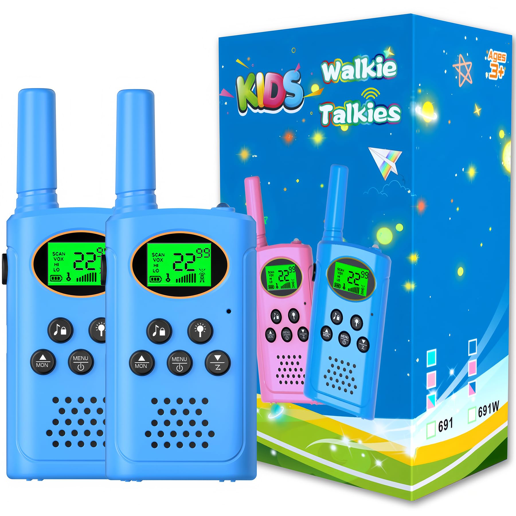 POKPOW Walkie Talkies for Kids 2 Pack, Toys for Ages 4-13 Year Old Boys Girls with Flashlight LCD Screen, Long Range 22 Channels 2 Way Radio Indoor Outdoor Adventure Easter Xmas Birthday Gifts (Blue)