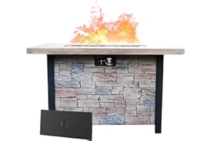 Zolyndo 44" Propane Fire Pit Table, 50,000BTU Concrete Fire Table Square Gas Firepit Table for Outside Patio Backyard, Outdoor Fire Pit Table with Lava Rocks, Lid, Wind Guard (Walnut)