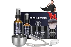 DOLIROX Shaving Kit for Men, Includes Straight Razor for Men, Shaving Cream, Pre Shave Oil, After Shave Balm for Men,Shaving Brush and Bowl, Beard Apron Bib, Gifts Set for Men Him Boyfriend Stocking Stuffers