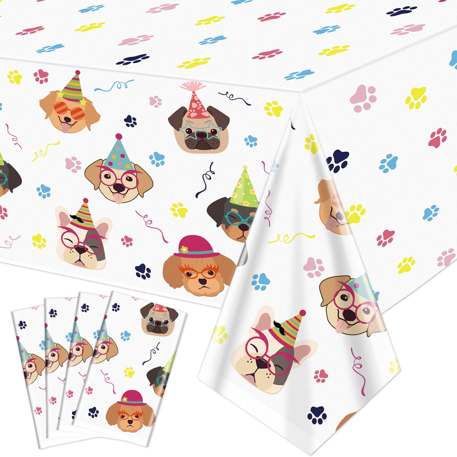 Photo 1 of Hegbolke 4 Pack Dog Tablecloths Disposable Puppy Tablecloths Rectangular Dog Birthday Tablecloth Table Covers for Lets Pawty Birthday Decorations Puppy Dog Birthday Party Decorations, 86 X 51 Inch