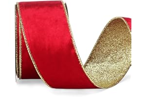 Ribbli Red Velvet Wired Ribbon 2.5 Inch Red Velvet with Gold Glitter Christmas Ribbon for Christmas Tree Decoration Big Bow Gift Wrapping Crafts Wreaths Supplies- 10 Yards