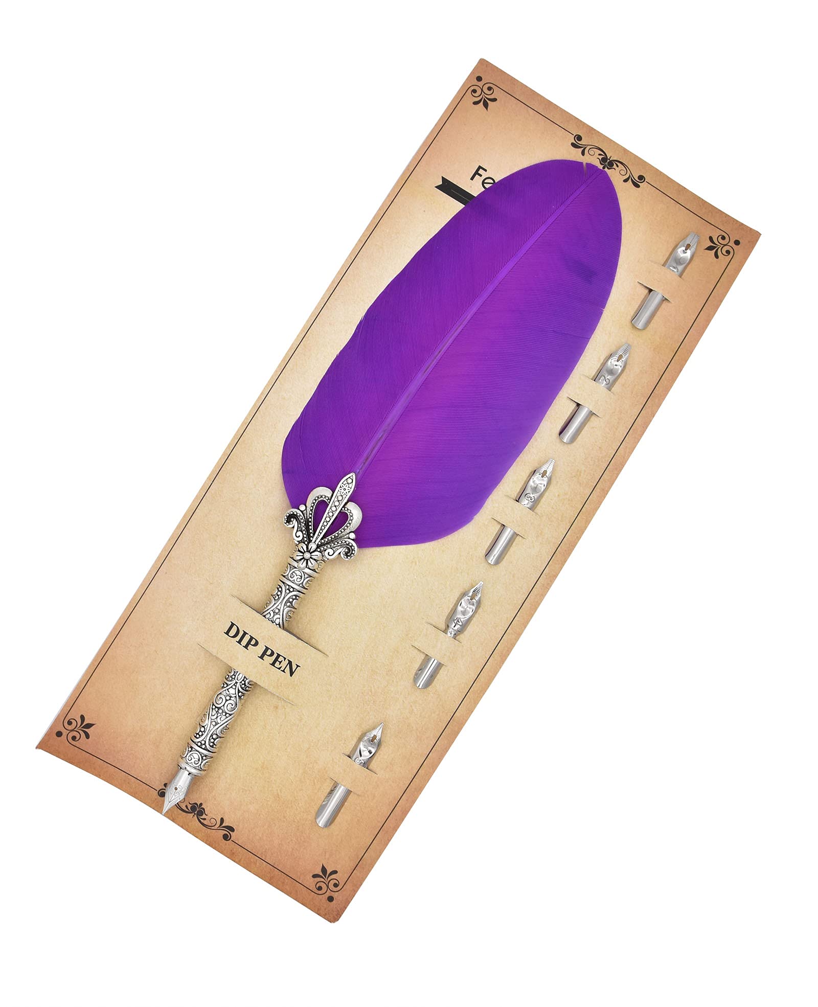 Gullor Feather Quill Pen and 5 Calligraphy Nibs for Beginners Kids Calligraphy Writing Quill Dip Pen Set, LightPurple