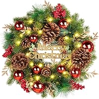 16 Inch Christmas Wreath with LED Lights,Battery Operated Wreath Decoration with Lots of Festive Elements for Christmas Winte
