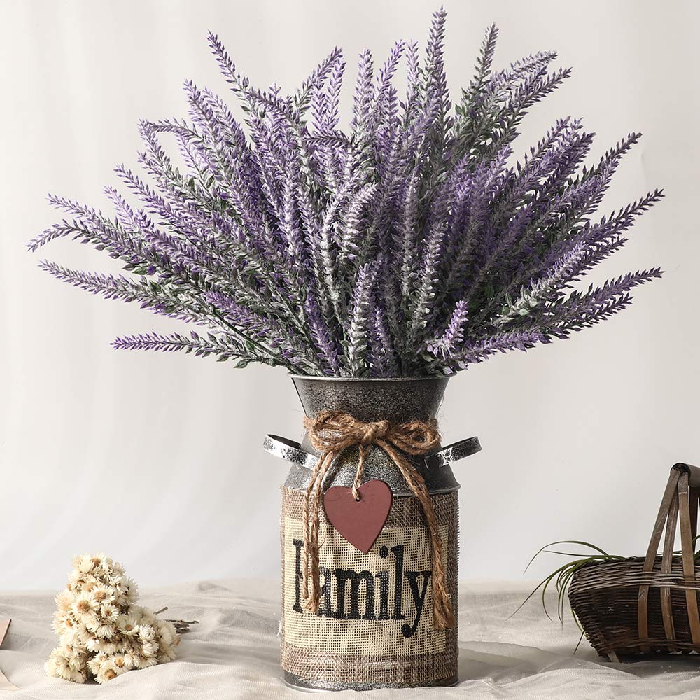 LESING Artificial Lavender Flowers with Vase Fake Lavender Plants in Decorative Metal Vase Rustic Vintage Flowers for Home Farmhouse Decoration (Family,Purple)