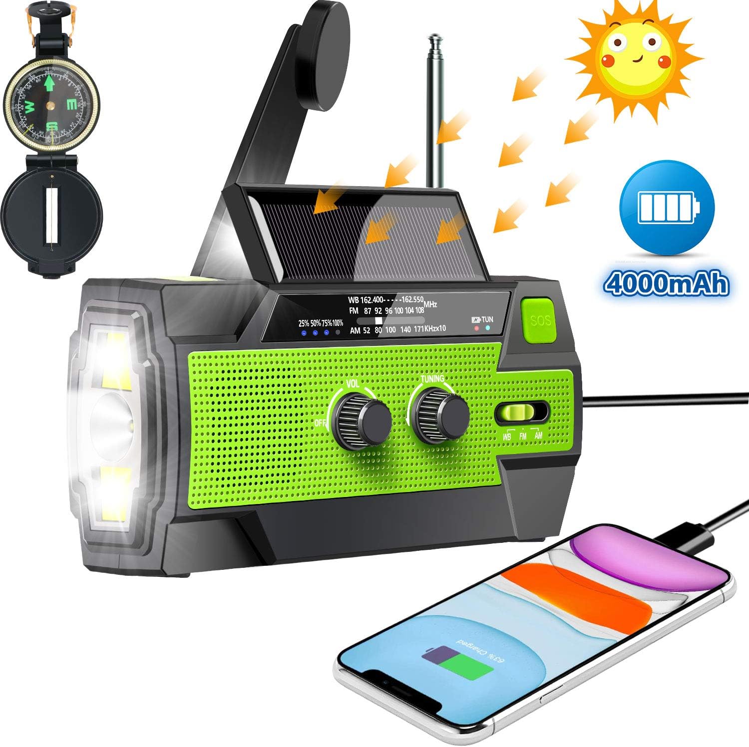 2020 Newest Emergency Radio - Hand Crank Radio, SUNRI 4000mAh-Solar Portable Weather Radio, Charger for Cell Phone, 1W LED Flashlight & Motion Sensor Reading Lamp, SOS Alarm, AM/FM/NOAA, Compass: Home Audio & Theater