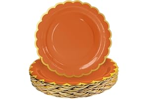 HEIPINIUYE 50 Pieces Orange Paper Plates with Gold Foil 7 Inch Disposable Orange Scalloped Dinner Plates for Wedding Baby Shower Birthday Thanksgiving Party Dessert Plate