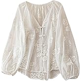 GORGLITTER Women's Boho Peasant Blouses Floral Embroidered Tops Summer Sheer Tie Front Flowy Long Sleeve Button Up Shirts