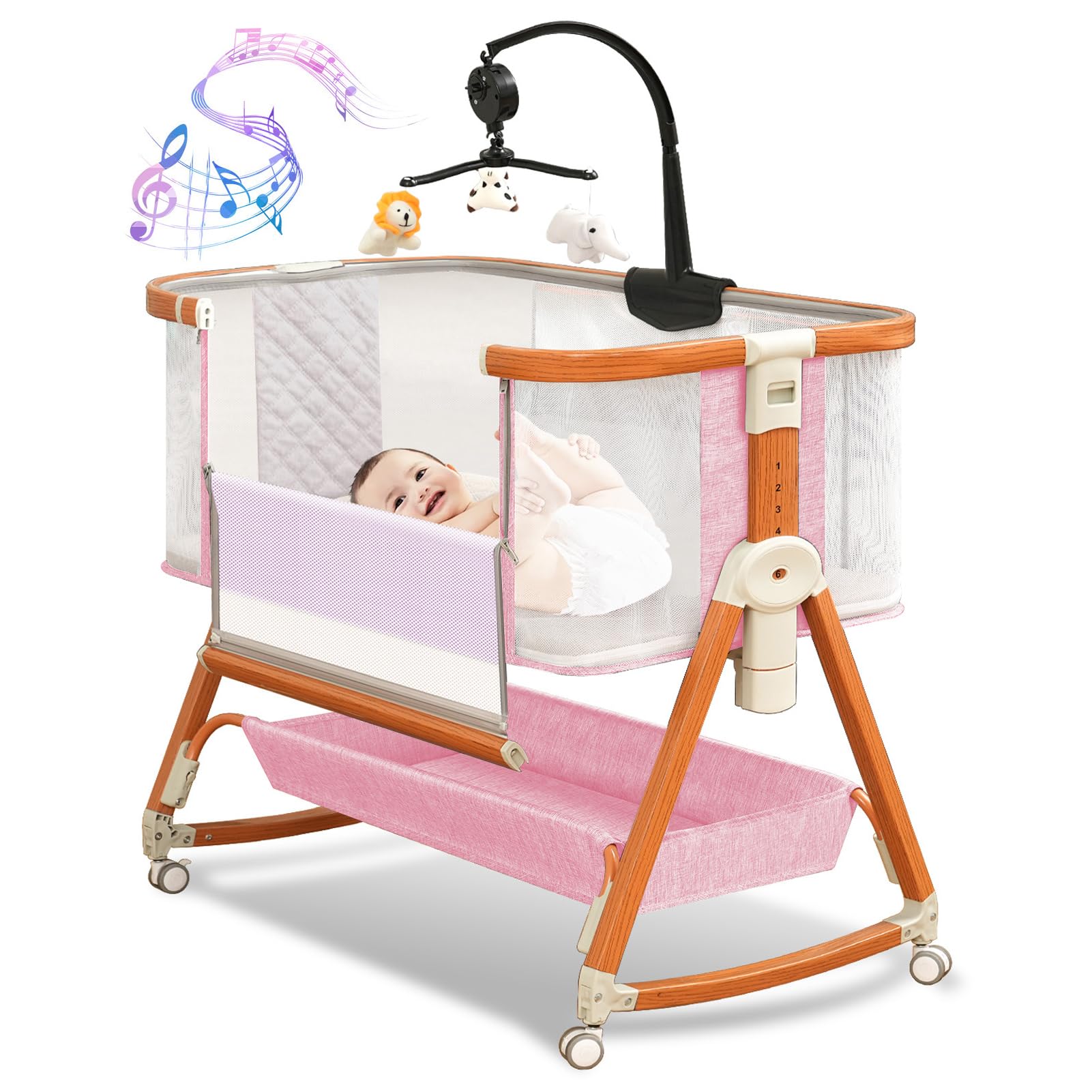 Photo 1 of 3 in 1 Bassinet,Baby Bassinets Bedside Sleeper with Musical Toy,Adjustable Height Bedside Bassinet for Baby with Wheels and Storage Basket,4-Sided Mesh Bedside Crib for Newborn 0-6 Months (Pink)