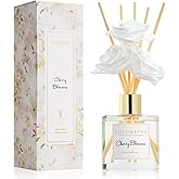 Cocorrína Reed Diffuser Set,6.7oz (200ml) Cherry Blossom Scented Diffuser with 3 White Rose Foam Flowers & Cotton Sticks, Home Fragrance Reed Diffuser for Bathroom Shelf Decor