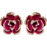 Navachi 18k Gold Plated Flower Blooming Stereo Rose Enamel White Crystal Omega Earrings